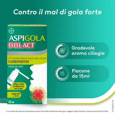 Aspi Gola Dolact Spray Antinfiammatorio e Antidolorifico per Mal di Gola Forte con Flurbiprofene, Flacone 15ml Aspi Gola Dolact Spray Antinfiammatorio e Antidolorifico per Mal di Gola Forte con Flurbiprofene, Flacone 15ml