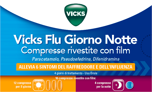 Vicks Flu Giorno Notte 12 Compresse Giorno + 4 Compresse Notte