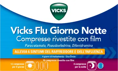 VICKS FLU GIORNO NOTTE 12 compresse giorno + 4 compresse notte VICKS FLU GIORNO NOTTE 12 compresse giorno + 4 compresse notte