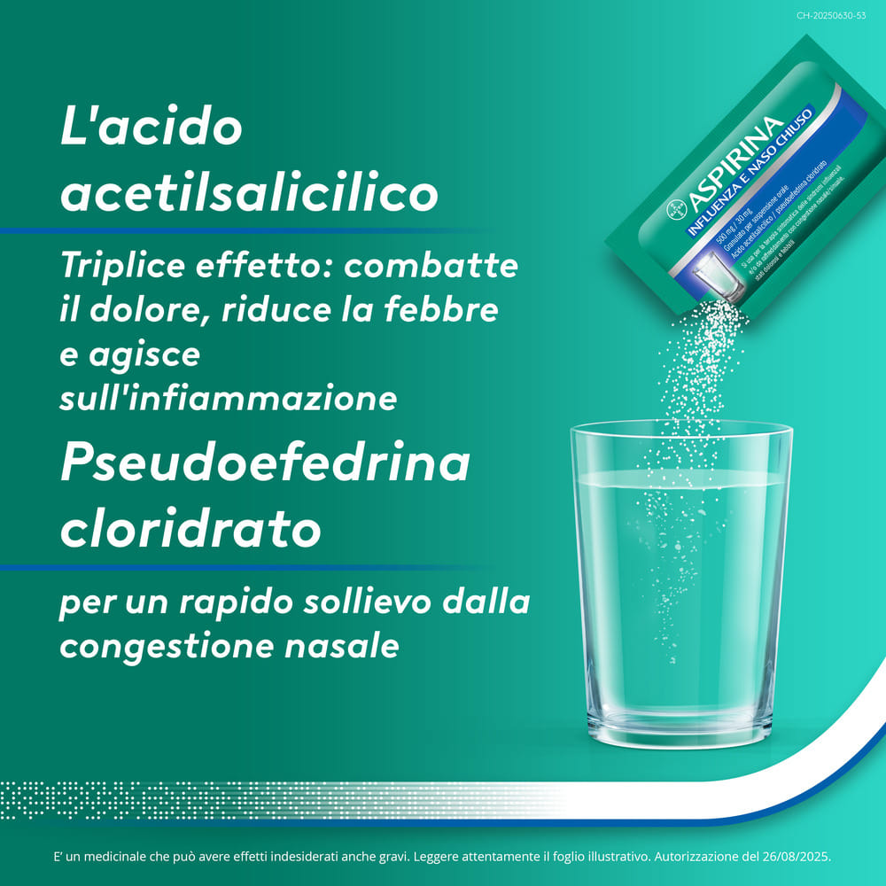Aspirina Influenza e Naso Chiuso Antidolorifico Decongestionante contro Sintomi Influenzali, 10 Buste