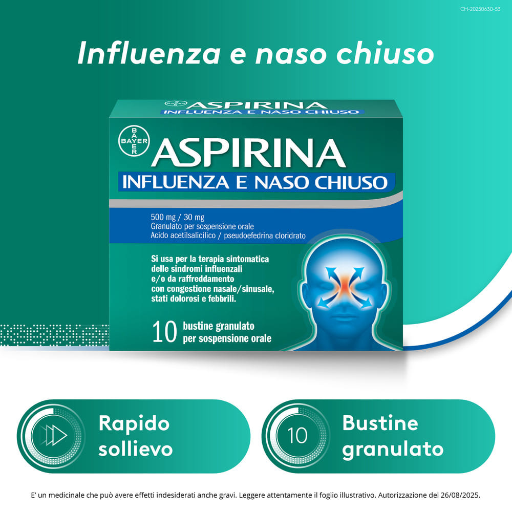 Aspirina Influenza e Naso Chiuso Antidolorifico Decongestionante contro Sintomi Influenzali, 10 Buste
