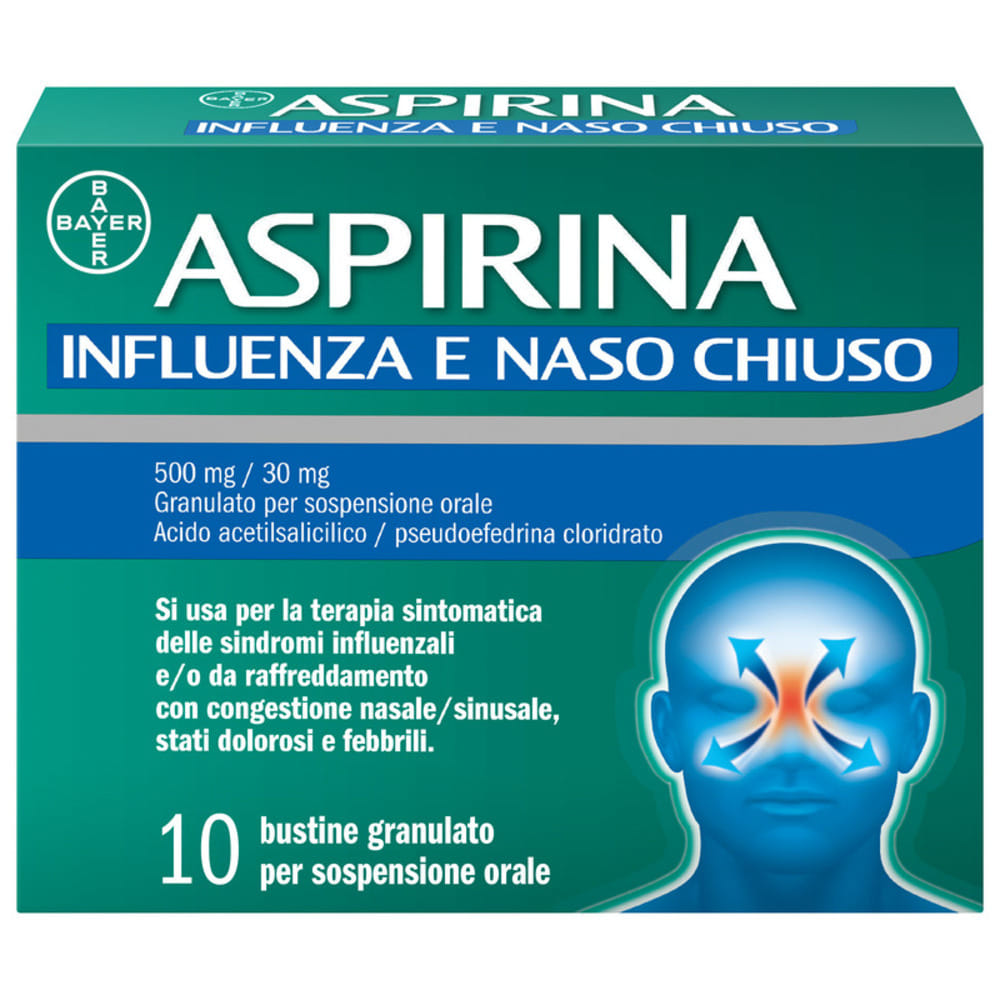 Aspirina Influenza e Naso Chiuso Antidolorifico Decongestionante contro Sintomi Influenzali, 10 Buste