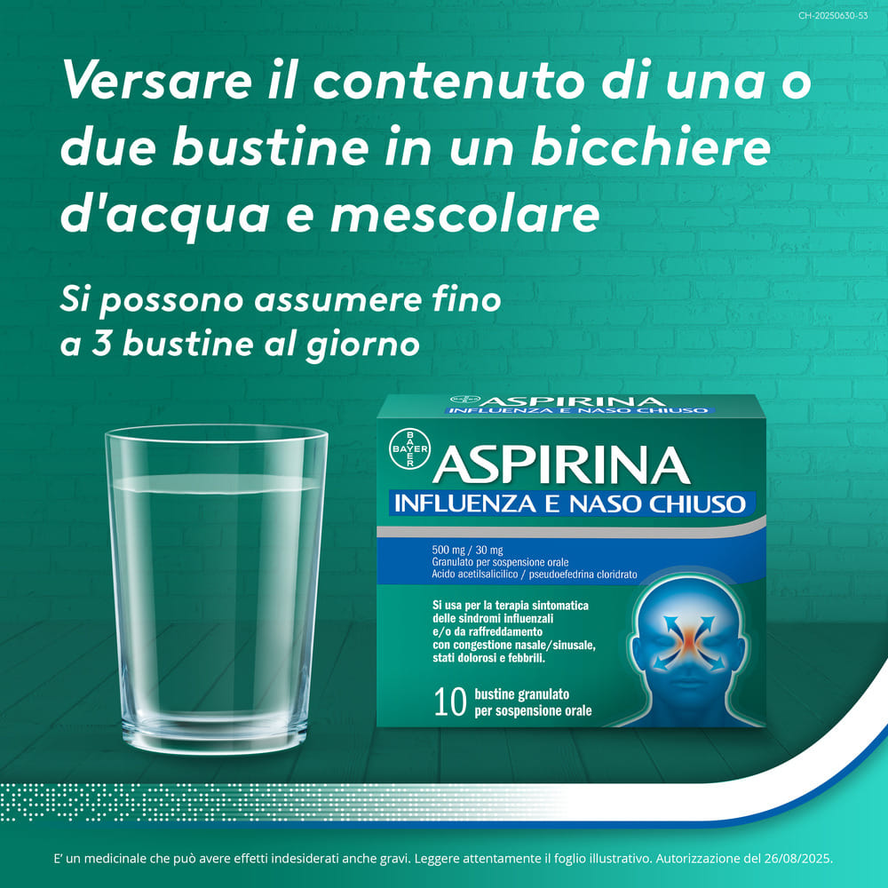 Aspirina Influenza e Naso Chiuso Antidolorifico Decongestionante contro Sintomi Influenzali, 10 Buste