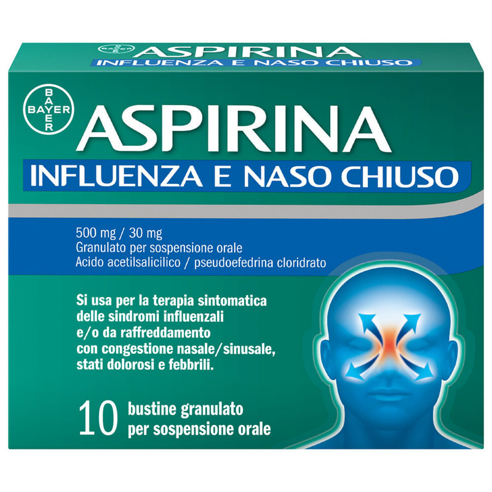 Aspirina Influenza E Naso Chiuso Antidolorifico Decongestionante Contro Sintomi Influenzali, 10 Buste