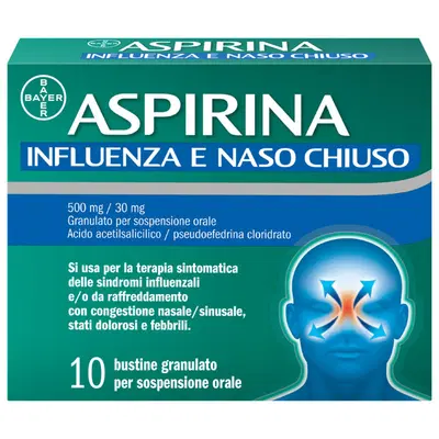Aspirina Influenza e Naso Chiuso Antidolorifico Decongestionante contro Sintomi Influenzali, 10 Buste Aspirina Influenza e Naso Chiuso Antidolorifico Decongestionante contro Sintomi Influenzali, 10 Buste