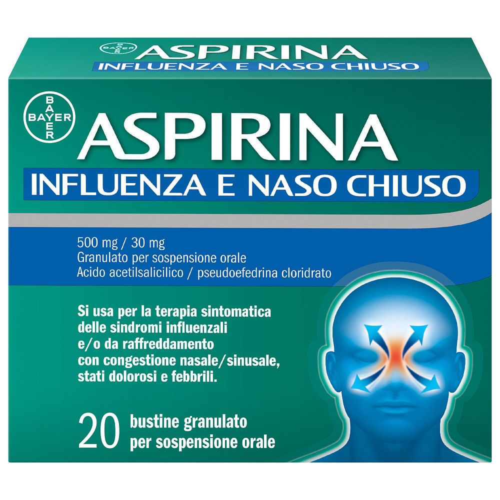 Aspirina Influenza E Naso Chiuso Antidolorifico Decongestionante Contro Sintomi Influenzali, 20 Buste