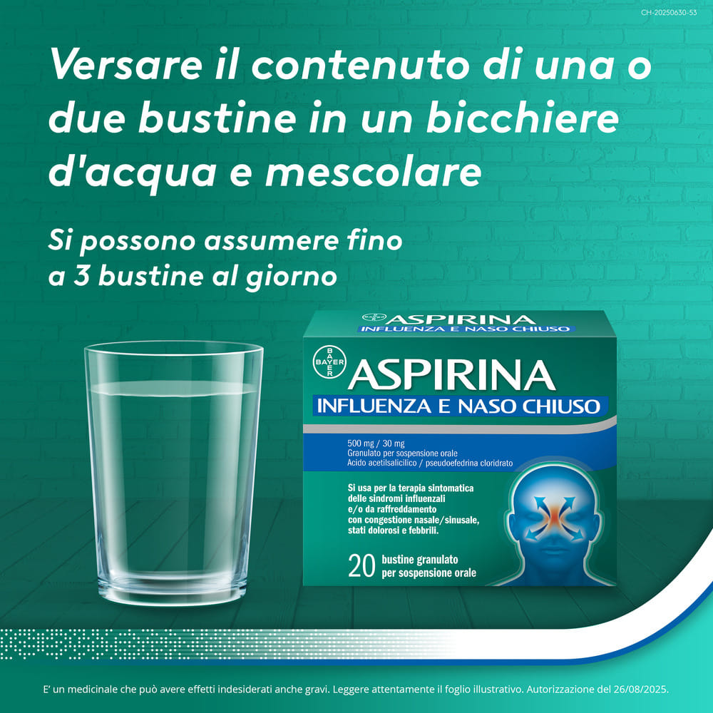 Aspirina Influenza e Naso Chiuso Antidolorifico Decongestionante contro Sintomi Influenzali, 20 Buste