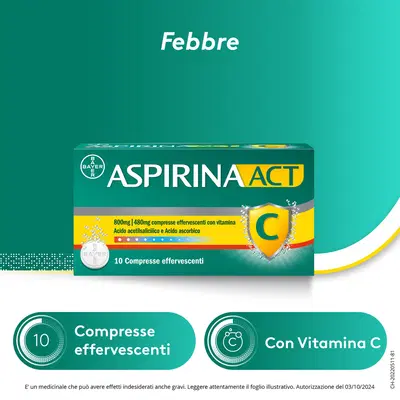 AspirinaACT C Antinfiammatorio e Antidolorifico per Febbre e Influenza con Vitamina C, 10 Compresse Effervescenti AspirinaACT C Antinfiammatorio e Antidolorifico per Febbre e Influenza con Vitamina C, 10 Compresse Effervescenti