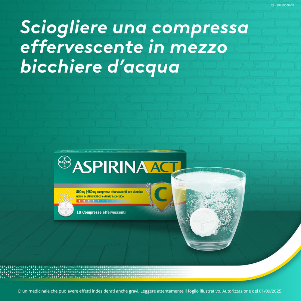 AspirinaACT C Antinfiammatorio e Antidolorifico per Febbre e Influenza con Vitamina C, 10 Compresse Effervescenti