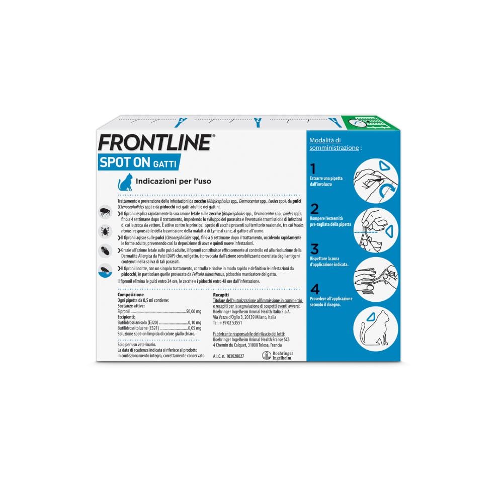 Frontline Spot On Gatti x3 Pipette, Antiparassitario per Gatti e Gattini, Contro  Zecche, Pulci e Pidocchi