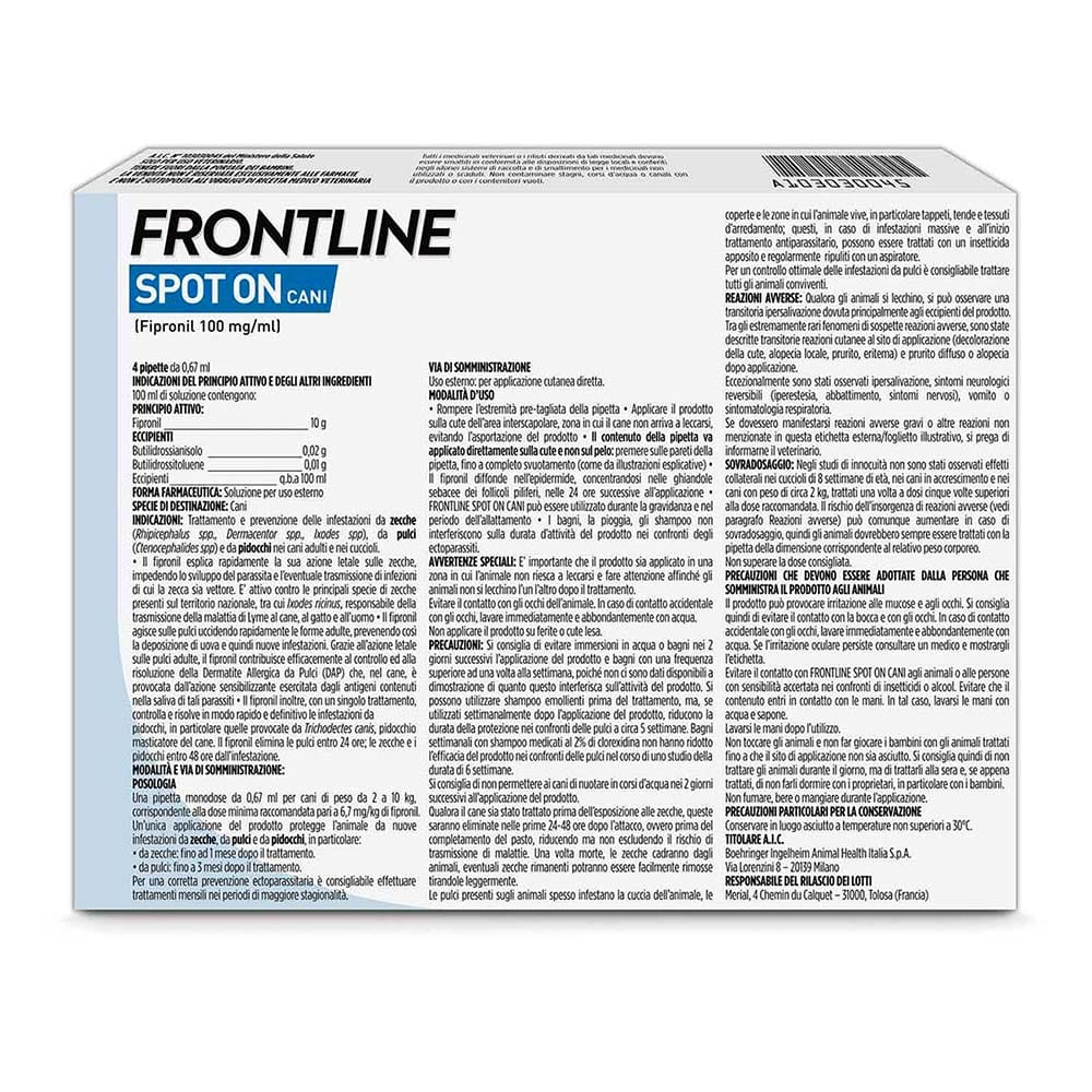 Frontline Spot On Cani x4 Pipette, Antiparassitario per Cani e Cuccioli (2-10Kg), Contro Pulci, Zecche E Pidocchi 