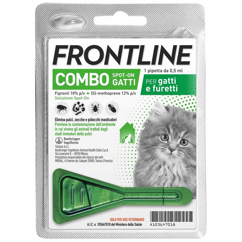Frontline Combo Gatti x1 Pipetta, Antiparassitario per Gatti, Gattini e Furetti, Contro Pulci, Zecche, Uova, Larve e Pidocchi 