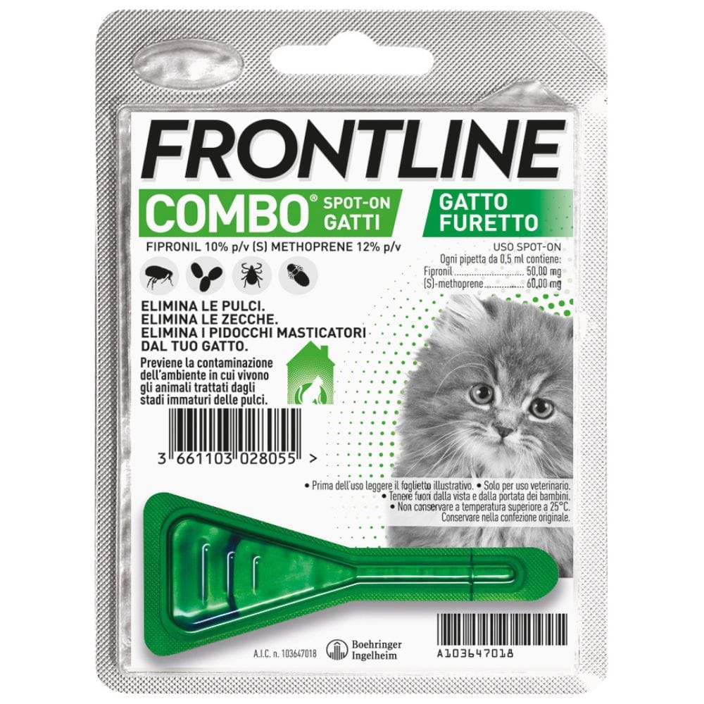 Frontline Combo Gatti x1 Pipetta, Antiparassitario per Gatti, Gattini e Furetti, Contro Pulci, Zecche, Uova, Larve e Pidocchi 