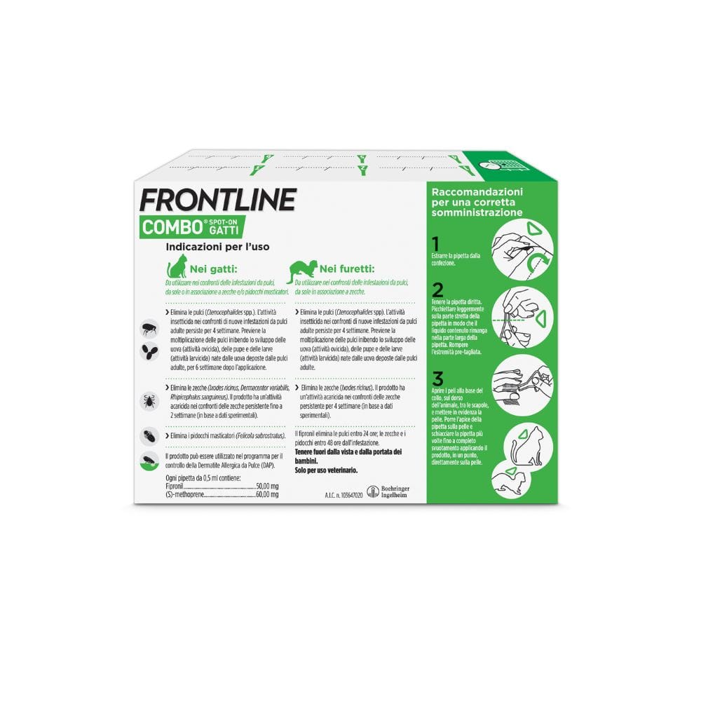 Frontline Combo Gatti x6 Pipette, Antiparassitario per Gatti, Gattini e Furetti, Contro Pulci, Zecche, Uova, Larve e Pidocchi 