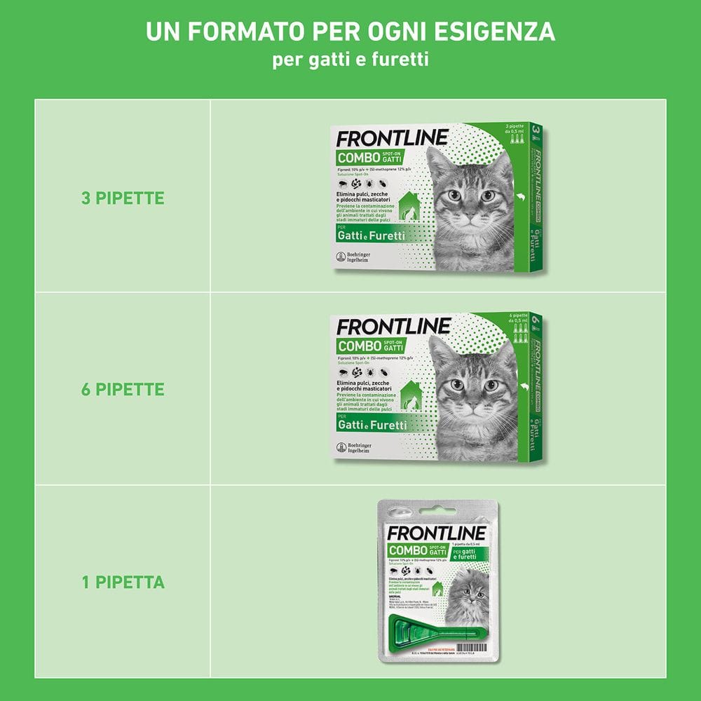 Frontline Combo Gatti x3 Pipette, Antiparassitario per Gatti, Gattini e Furetti, Contro Pulci, Zecche, Uova, Larve e Pidocchi 