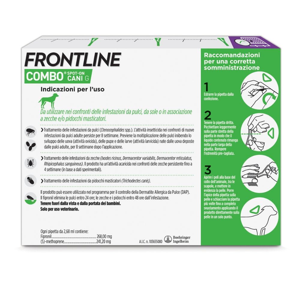 Frontline Combo Cani x3 Pipette, Antiparassitario per Cani Grandi e Cuccioli (20-40Kg) Contro Pulci, Zecche, Uova, Larve E Pidocchi