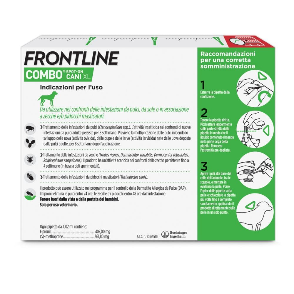 Frontline Combo Cani x3 Pipette, Antiparassitario per Cani XL e Cuccioli (+40Kg) Contro Pulci, Zecche, Uova, Larve E Pidocchi