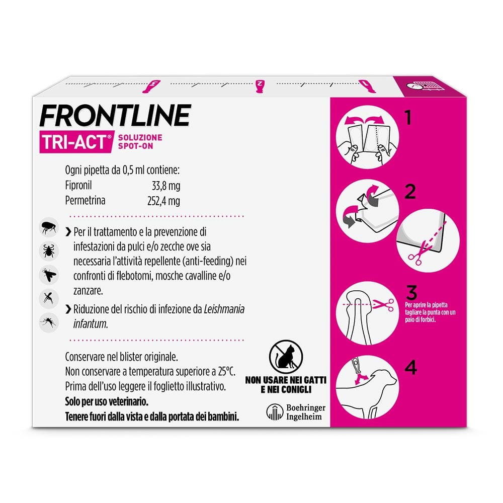 Frontline Tri-Act x3 Pipette, Antiparassitario Per Cani e Cuccioli (Taglia XS 2-5Kg) Contro Pulci, Zecche, Zanzare, Pappataci e Leishmaniosi