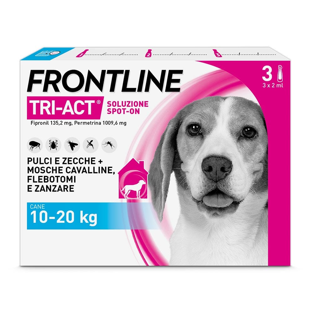 Frontline Tri-Act x3 Pipette, Antiparassitario Per Cani e Cuccioli (Taglia M 10-20Kg) Contro Pulci, Zecche, Zanzare, Pappataci e Leishmaniosi
