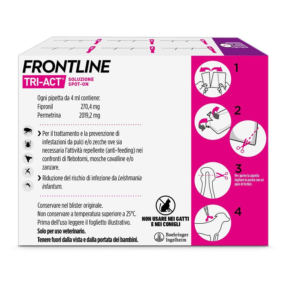 Frontline Tri-Act x6 Pipette, Antiparassitario Per Cani e Cuccioli (Taglia L 20-40Kg) Contro Pulci, Zecche, Zanzare, Pappataci e Leishmaniosi