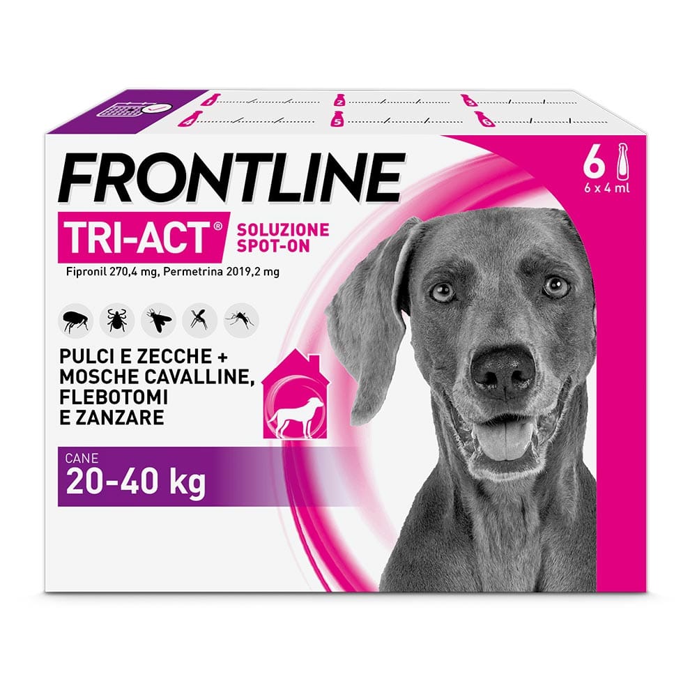 Frontline Tri-Act x6 Pipette, Antiparassitario Per Cani e Cuccioli (Taglia L 20-40Kg) Contro Pulci, Zecche, Zanzare, Pappataci e Leishmaniosi