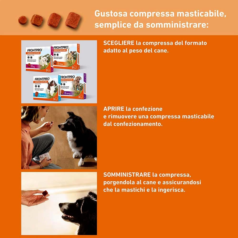 FRONTPRO x3 Compresse Masticabili Antiparassitario Per Cani (25-50Kg) Contro Pulci, Zecche
