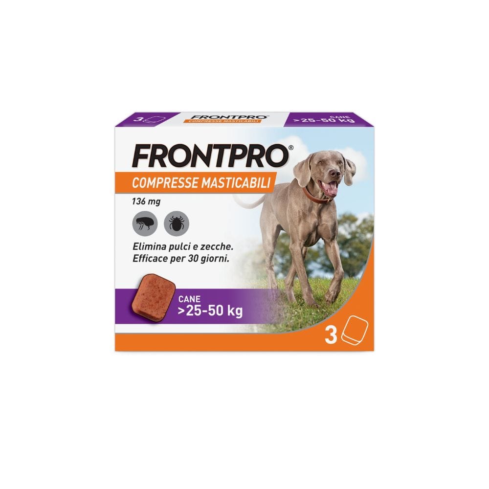 FRONTPRO x3 Compresse Masticabili Antiparassitario Per Cani (25-50Kg) Contro Pulci, Zecche