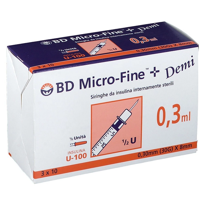 Siringa Insulina Becton Dickinson Demi 0,3 Ml Ago Gauge 30 8 Mm 30 Pezzi