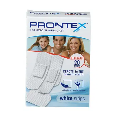 CEROTTO PRONTEX WHITE STRIPS IN TESSUTO NON TESSUTO BIANCO STERILE 3 FORMATI 20 PEZZI CEROTTO PRONTEX WHITE STRIPS IN TESSUTO NON TESSUTO BIANCO STERILE 3 FORMATI 20 PEZZI