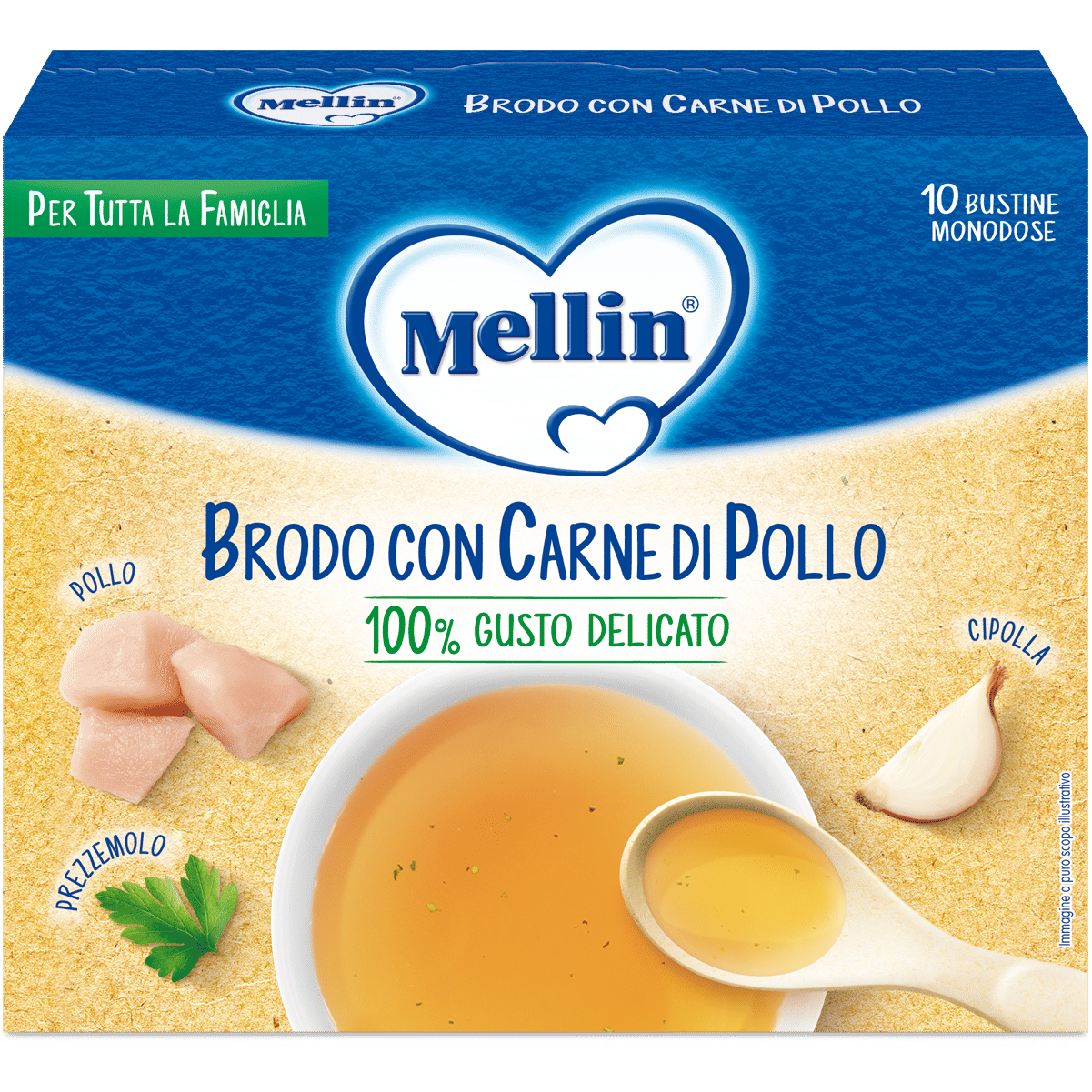 Brodo Mellin Carne Pollo per bambini, 10 bustine x 5g