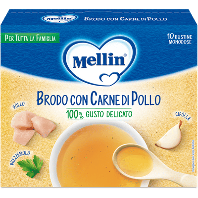Brodo Mellin Carne Pollo per bambini, 10 bustine x 5g