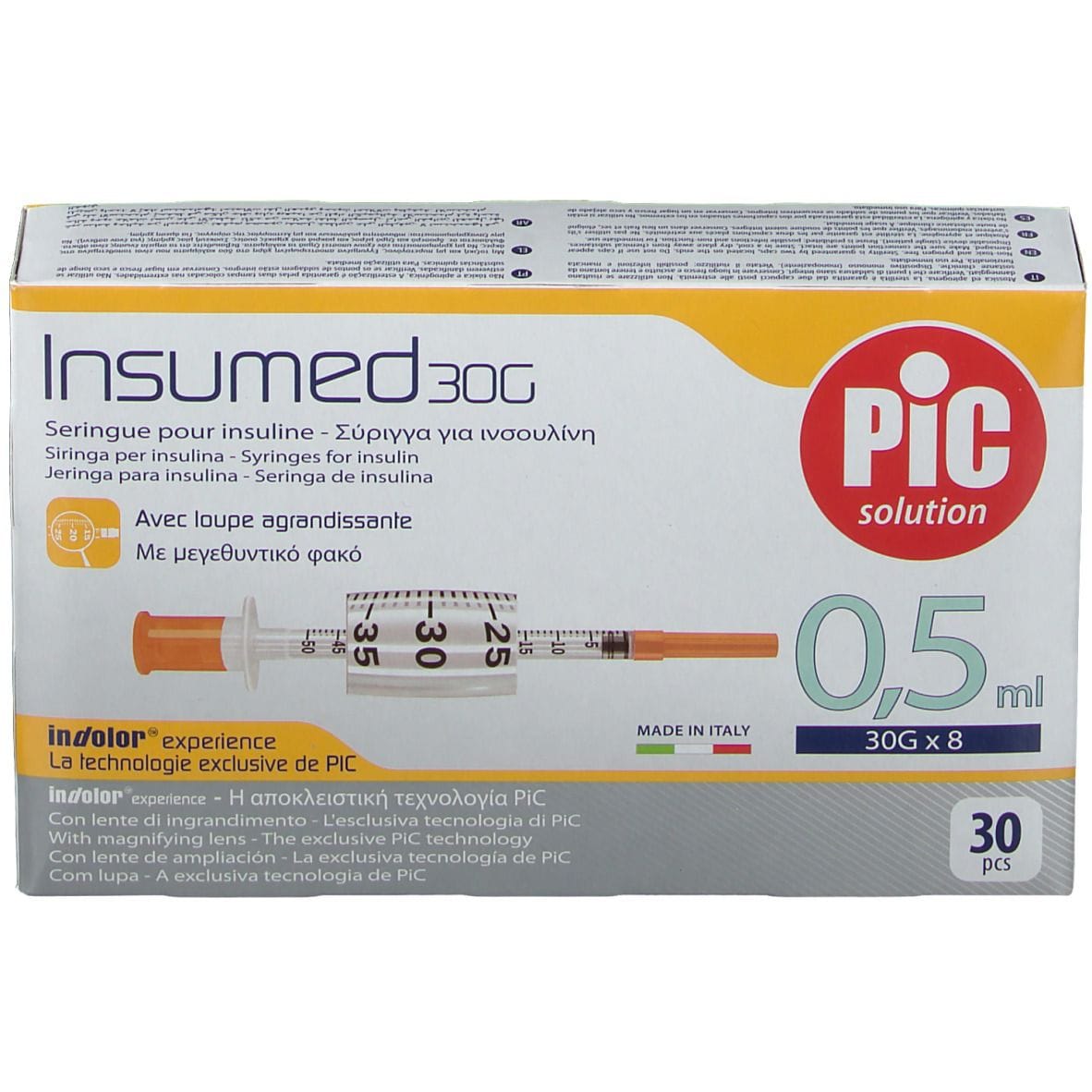 SIRINGA PER INSULINA PIC INSUMED 0,5 ML 100 UI AGO GAUGE 30 LUNGHEZZA 8 MM SENZA SPAZIO MORTO 3 SACCHETTI DA 10 PEZZI