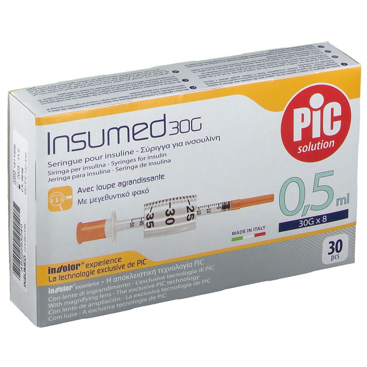 Siringa Per Insulina Pic Insumed 0,5 Ml 100 Ui Ago Gauge 30 Lunghezza 8 Mm Senza Spazio Morto 3 Sacchetti Da 10 Pezzi