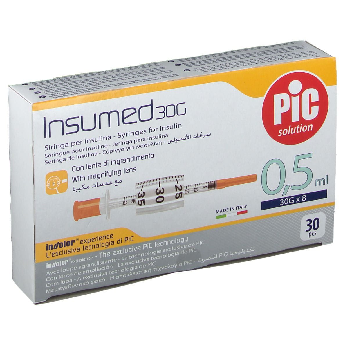 SIRINGA PER INSULINA PIC INSUMED 0,5 ML 100 UI AGO GAUGE 30 LUNGHEZZA 8 MM SENZA SPAZIO MORTO 3 SACCHETTI DA 10 PEZZI