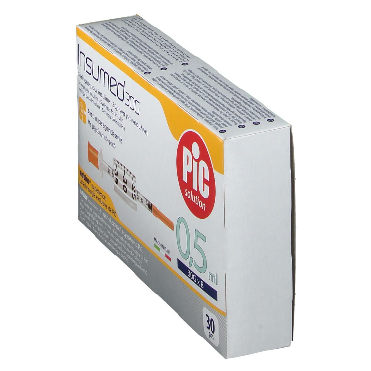 SIRINGA PER INSULINA PIC INSUMED 0,5 ML 100 UI AGO GAUGE 30 LUNGHEZZA 8 MM SENZA SPAZIO MORTO 3 SACCHETTI DA 10 PEZZI