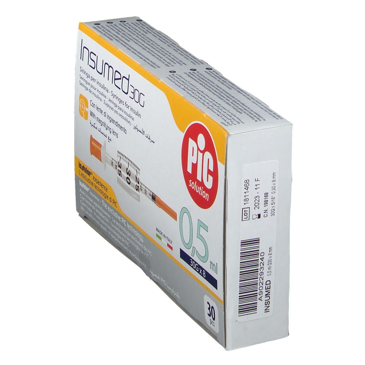 SIRINGA PER INSULINA PIC INSUMED 0,5 ML 100 UI AGO GAUGE 30 LUNGHEZZA 8 MM SENZA SPAZIO MORTO 3 SACCHETTI DA 10 PEZZI