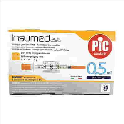 SIRINGA PER INSULINA PIC INSUMED 0,5 ML 100 UI AGO GAUGE 29 LUNGHEZZA 12,7 MM SENZA SPAZIO MORTO 3 SACCHETTI DA 10 PEZZI