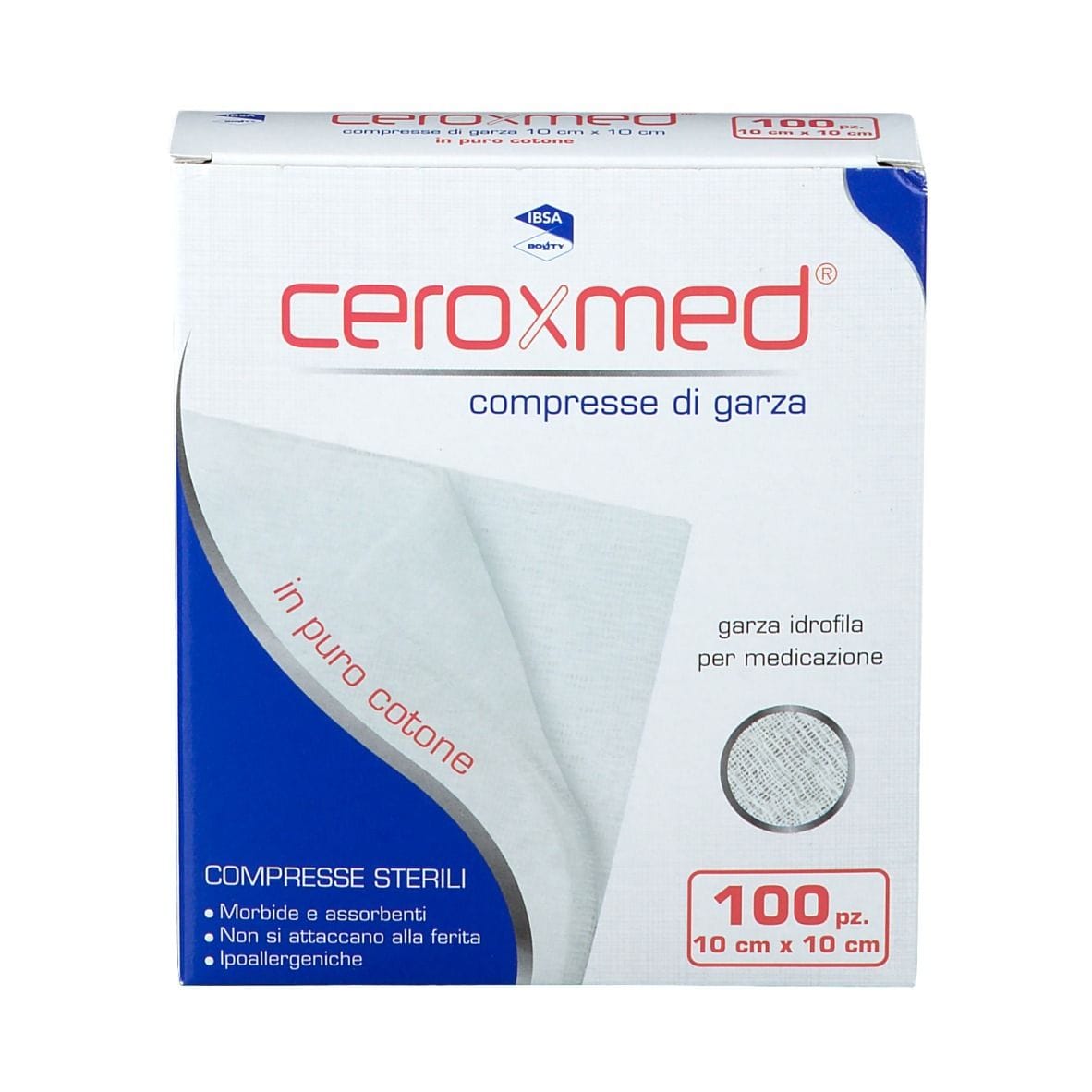 Garza Idrofila Ceroxmed in Cotone Sterile 10x10cm, 100 pz