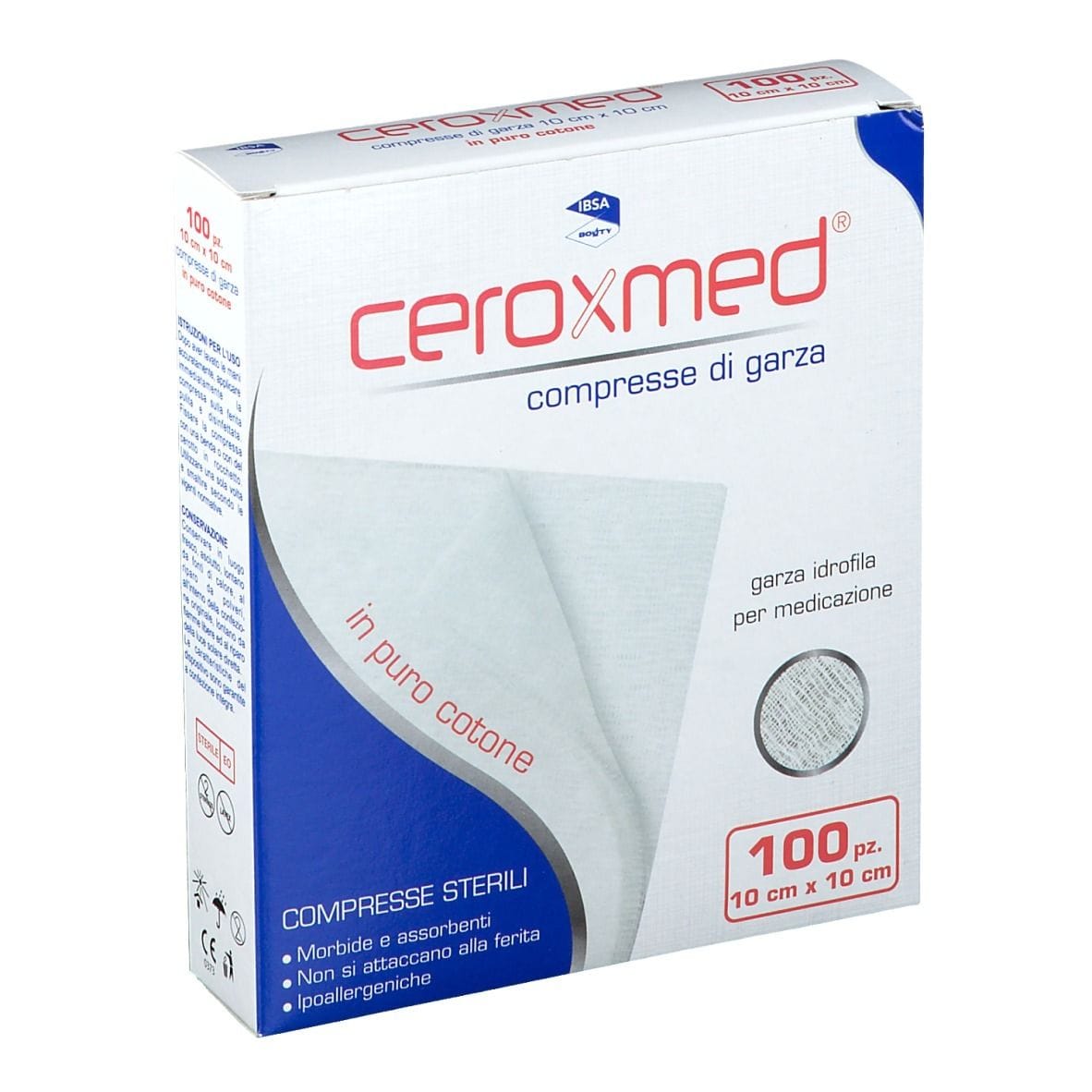 Garza Idrofila Ceroxmed in Cotone Sterile 10x10cm, 100 pz