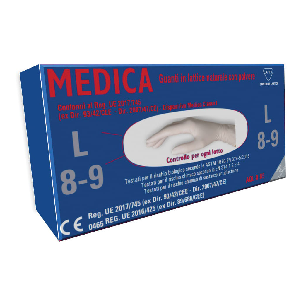 GUANTO IN LATTICE NATURALE CON POLVERE LUBRIFICANTE MEDICA L 100 PEZZI