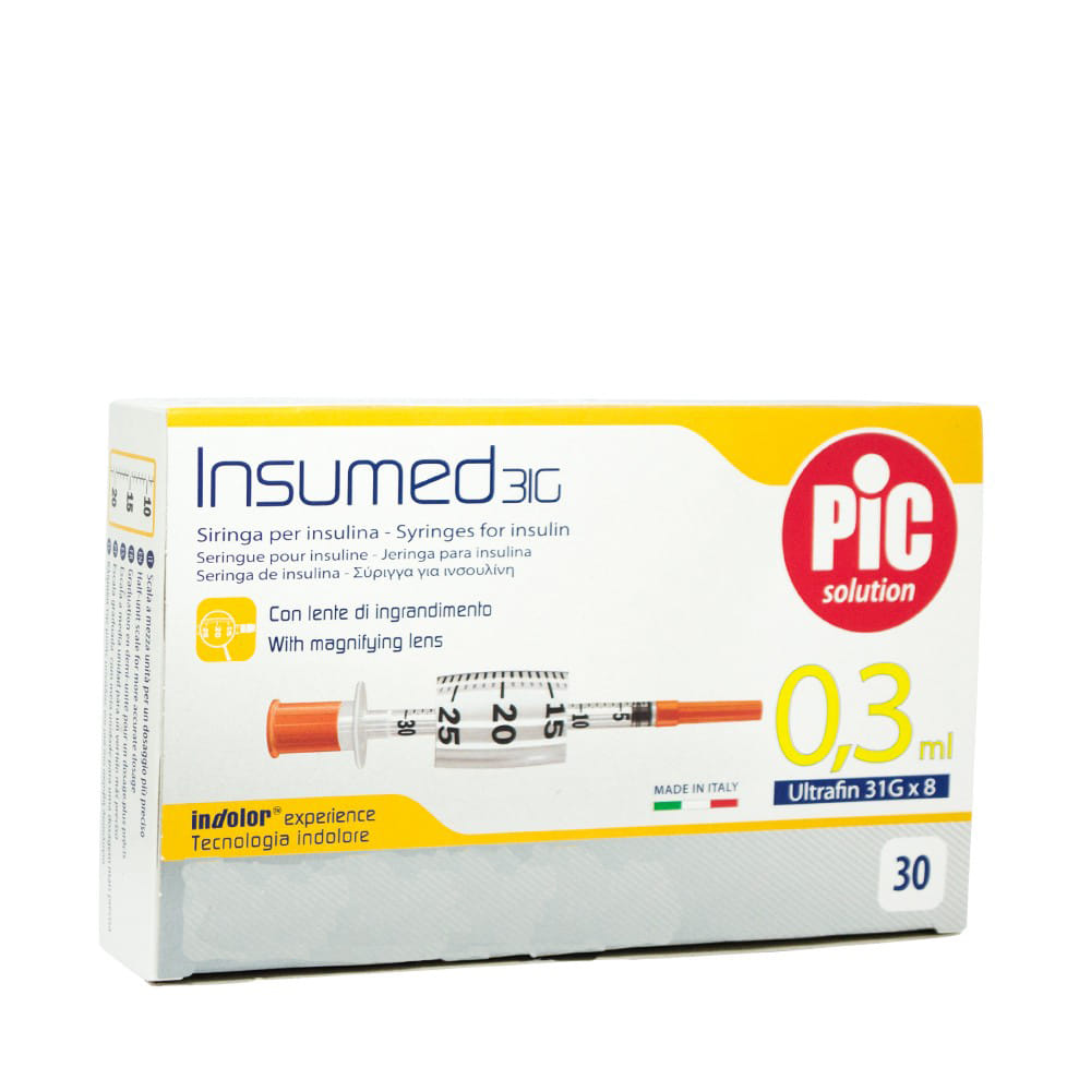 Siringa Per Insulina Pic Insumed 0,3 Ml 100 Ui Spazio Zero Ago 31 Gauge 8 Mm 3 Sacchetti Da 10 Pezzi