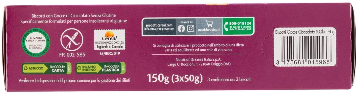 Biscotti senza glutine Céréal con gocce di cioccolato 150g