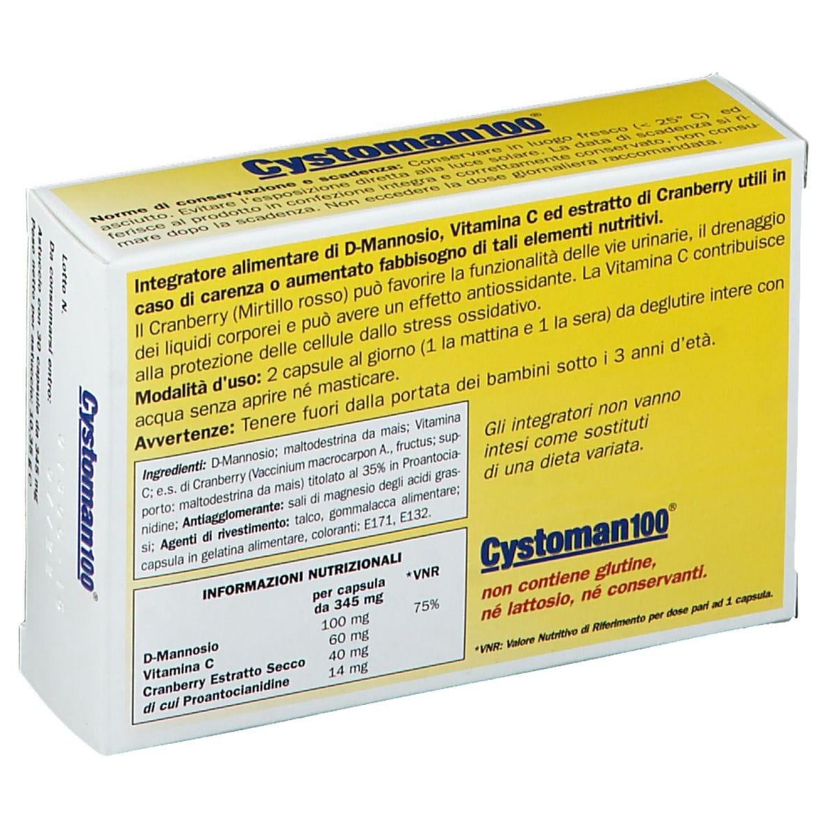 Integratore Cystoman 100 per le vie urinarie, 30 capsule