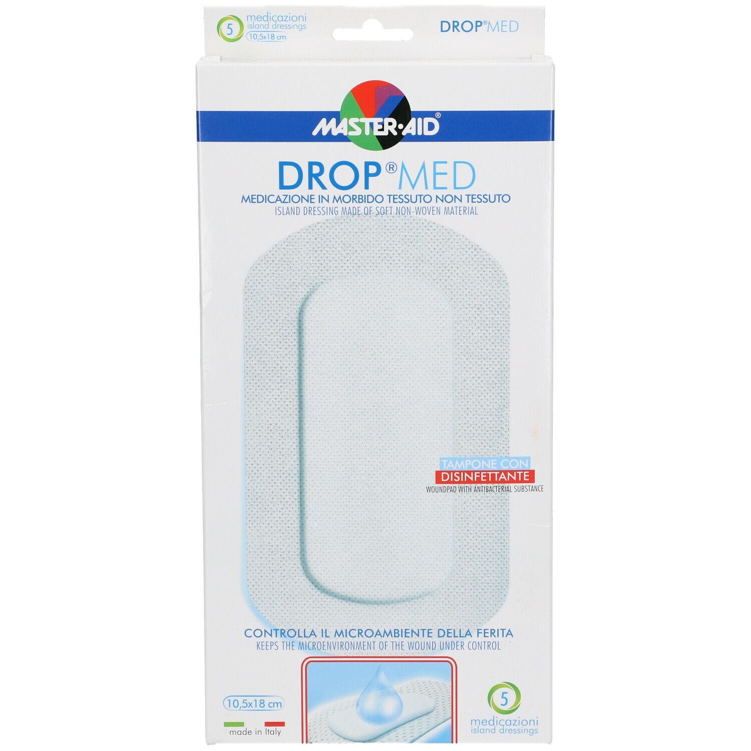 MEDICAZIONE COMPRESSA AUTOADESIVA DERMOATTIVA IPOALLERGENICA AERATA MASTER-AID DROP MED 10,5X18 5 PEZZI