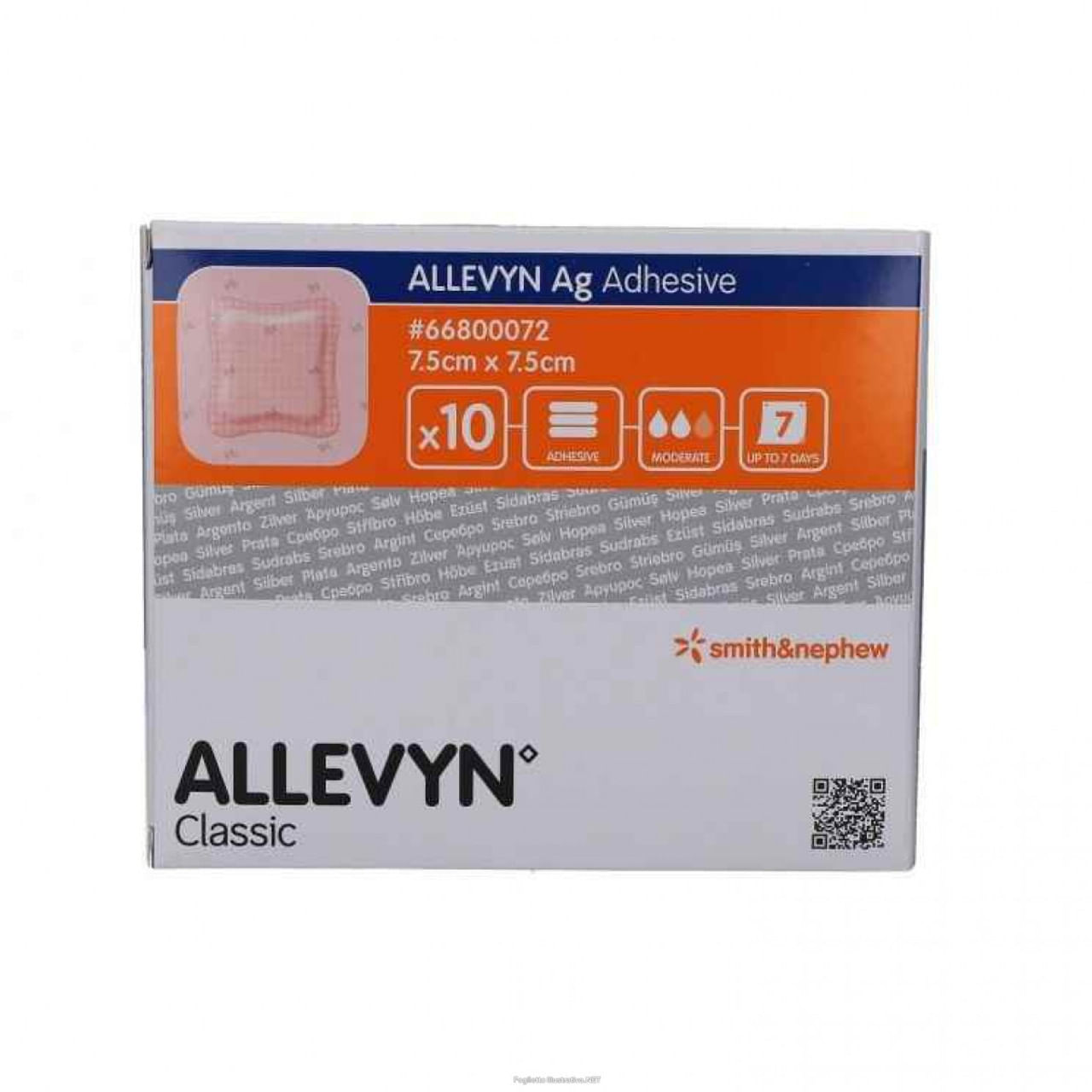 MEDICAZIONE IDROCELLULARE STERILE ALTAMENTE ASSORBENTE ADESIVA IN SCHIUMA DI POLIURETANO ALLEVYN ADHESIVE AG 7,5X7,5CM 10 PEZZI