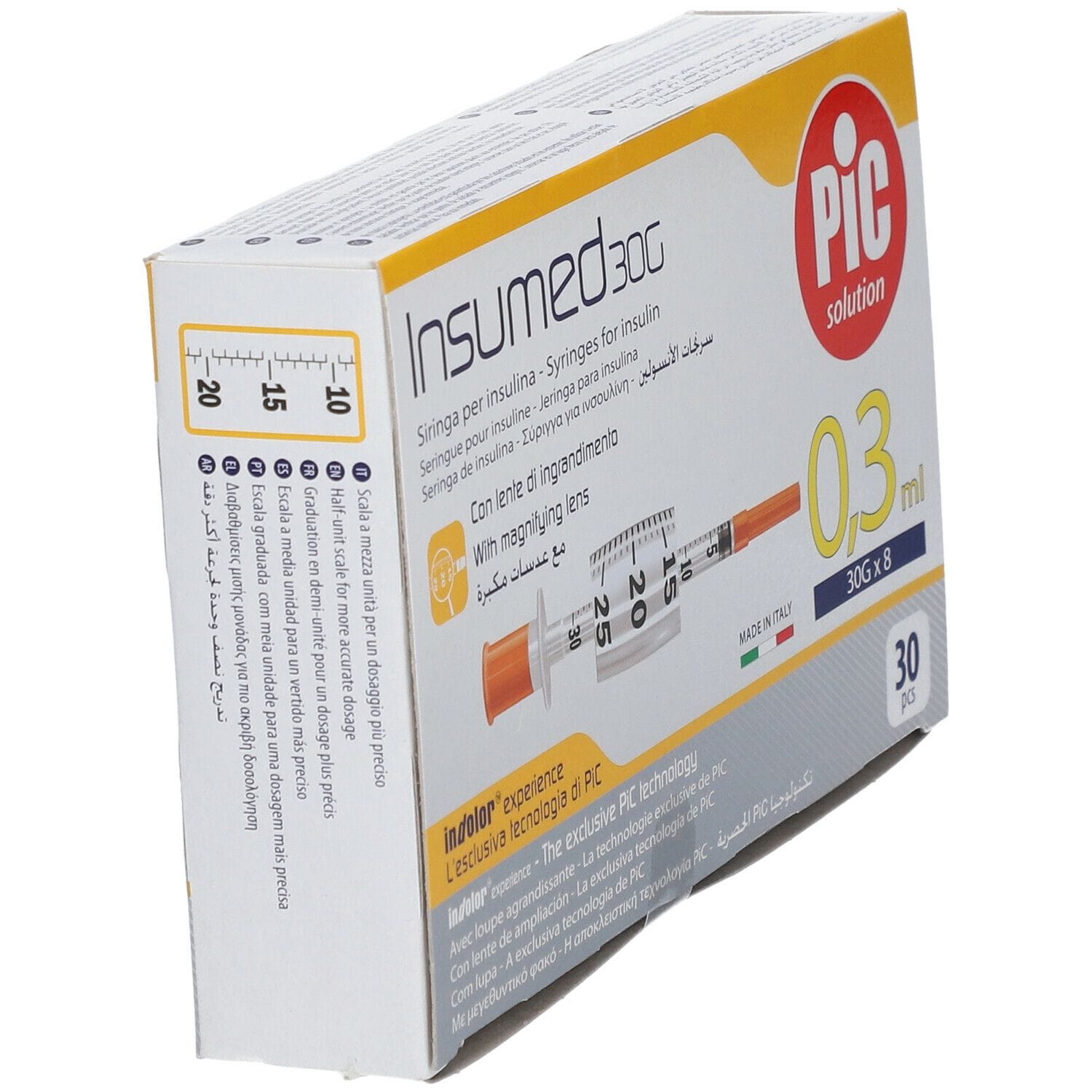 SIRINGA PER INSULINA PIC INSUMED 0,3 ML 100 UI SPAZIO ZERO AGO 30 GAUGE 8 MM 3 SACCHETTI DA 10 PEZZI
