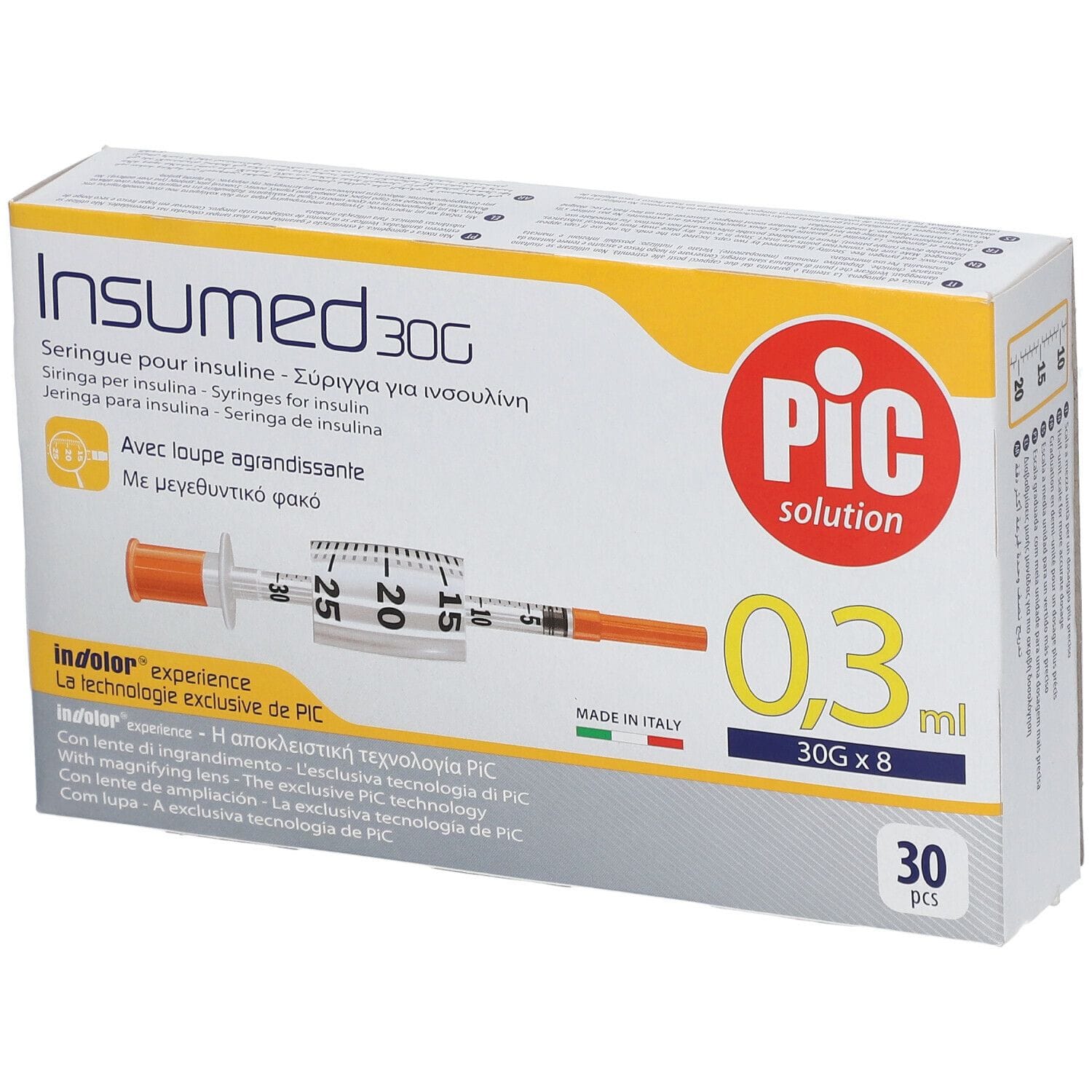SIRINGA PER INSULINA PIC INSUMED 0,3 ML 100 UI SPAZIO ZERO AGO 30 GAUGE 8 MM 3 SACCHETTI DA 10 PEZZI