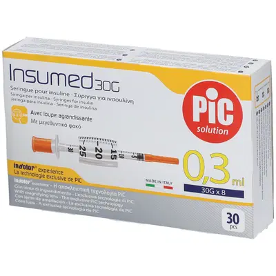 SIRINGA PER INSULINA PIC INSUMED 0,3 ML 100 UI SPAZIO ZERO AGO 30 GAUGE 8 MM 3 SACCHETTI DA 10 PEZZI SIRINGA PER INSULINA PIC INSUMED 0,3 ML 100 UI SPAZIO ZERO AGO 30 GAUGE 8 MM 3 SACCHETTI DA 10 PEZZI