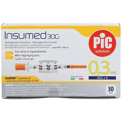SIRINGA PER INSULINA PIC INSUMED 0,3 ML 100 UI SPAZIO ZERO AGO 30 GAUGE 8 MM 3 SACCHETTI DA 10 PEZZI SIRINGA PER INSULINA PIC INSUMED 0,3 ML 100 UI SPAZIO ZERO AGO 30 GAUGE 8 MM 3 SACCHETTI DA 10 PEZZI