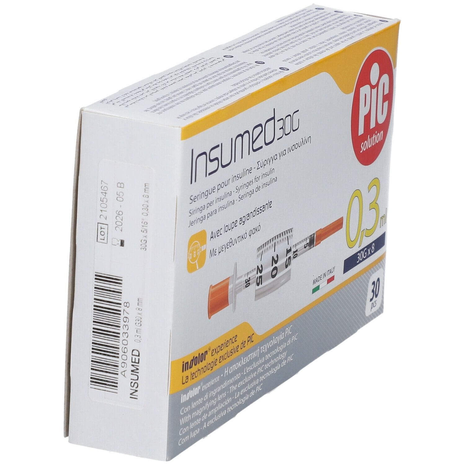 SIRINGA PER INSULINA PIC INSUMED 0,3 ML 100 UI SPAZIO ZERO AGO 30 GAUGE 8 MM 3 SACCHETTI DA 10 PEZZI